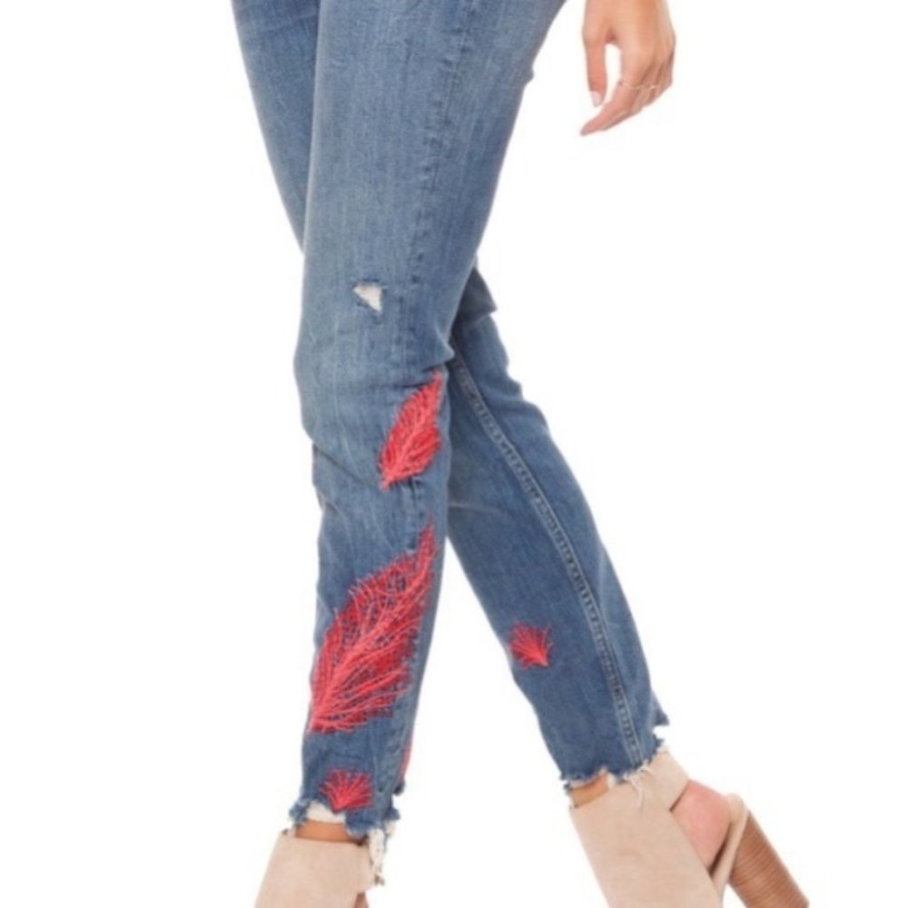 Pink Feather Embroidered Jeans by Dex